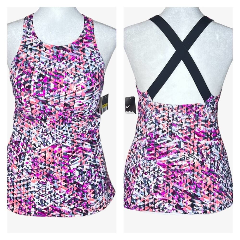Nike Tankini Swim Top Womens Size M Geometric Print Beach Sporty Swimwear NEW